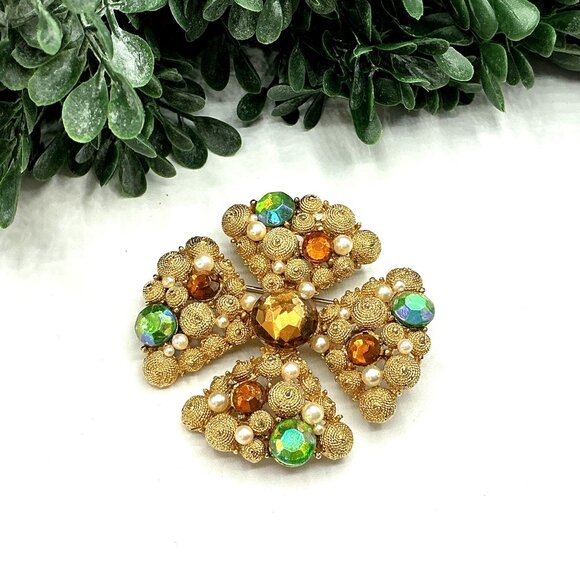 Vintage Gold Tone Filigree Cluster Brooch With Iridescent Stones by SA Samsan se - Picture 2 of 4